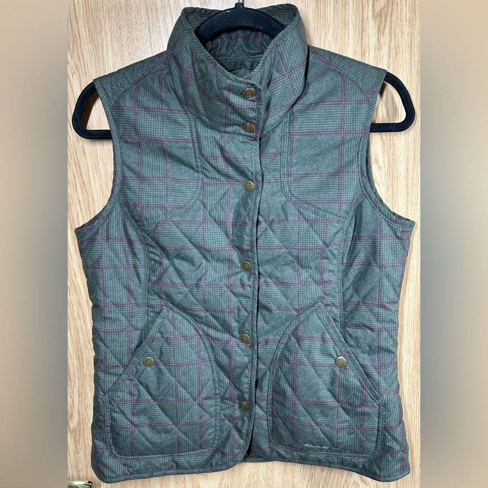 Eddie Bauer Size S Women’s Snap Button Green & Tan Plaid Quilted Puffer Vest